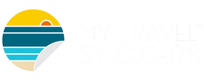Travel sticker logo with sunset illustration.