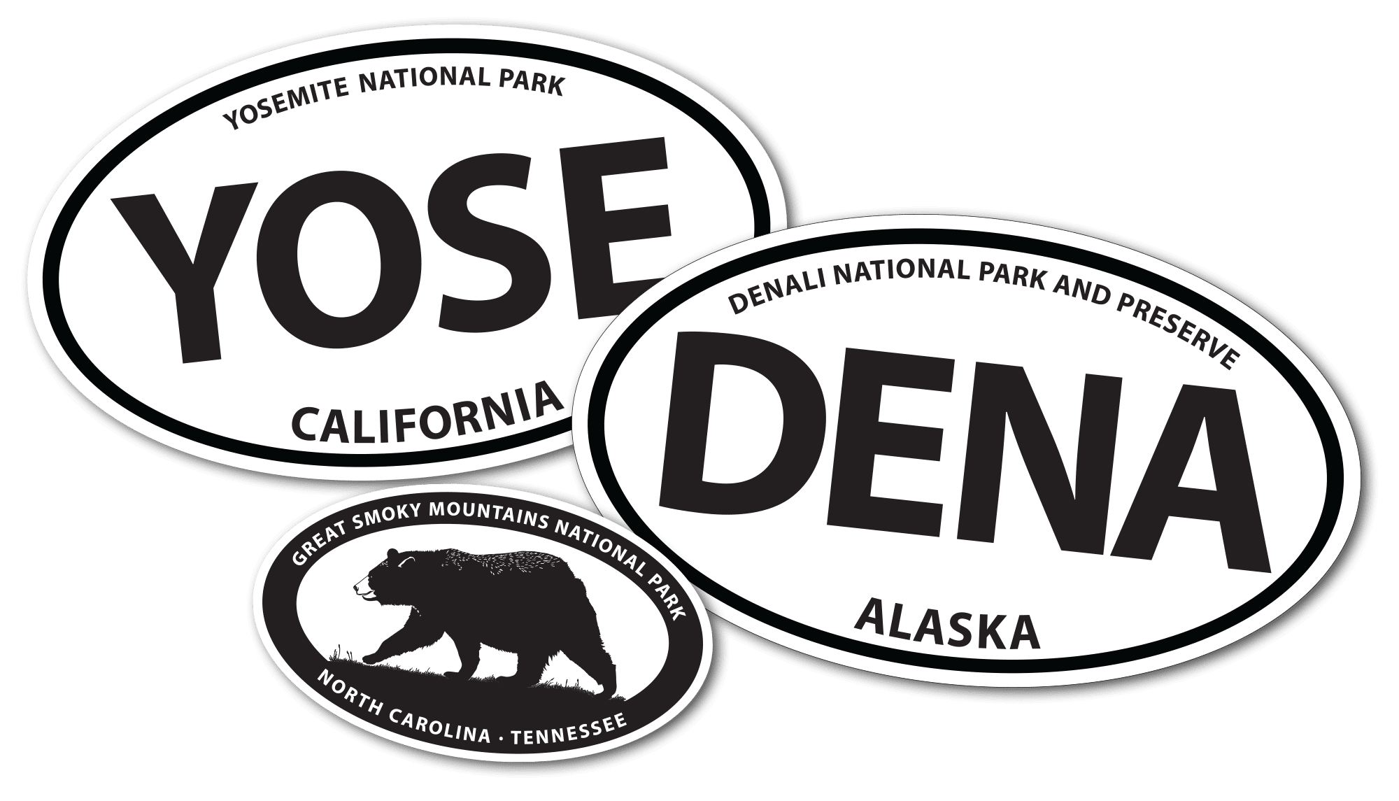 National park stickers: Yosemite, Denali, Great Smoky.