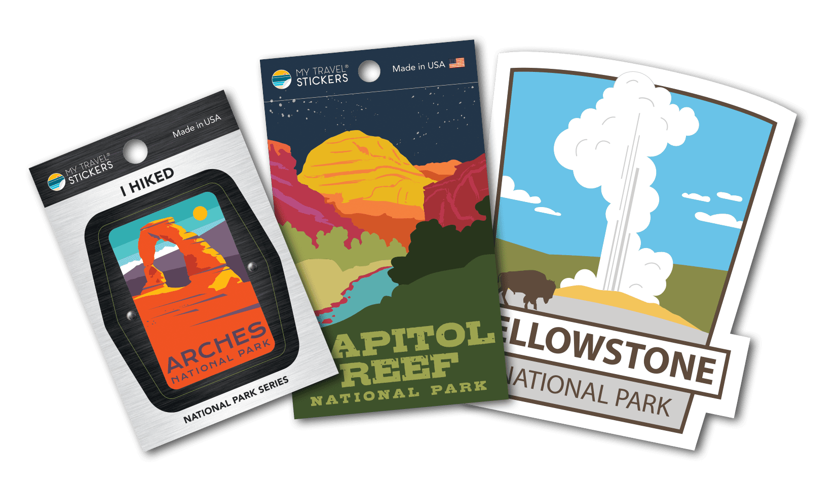 National park stickers: Arches, Capitol Reef, Yellowstone.
