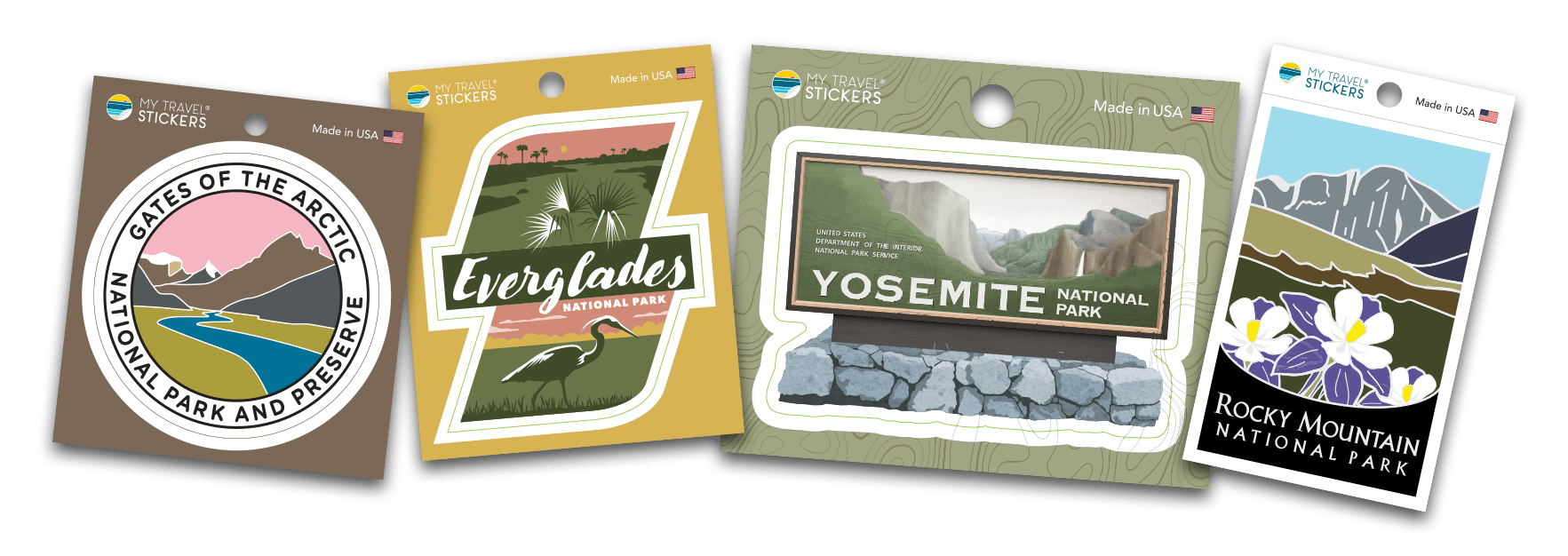 National park-themed stickers on black background.