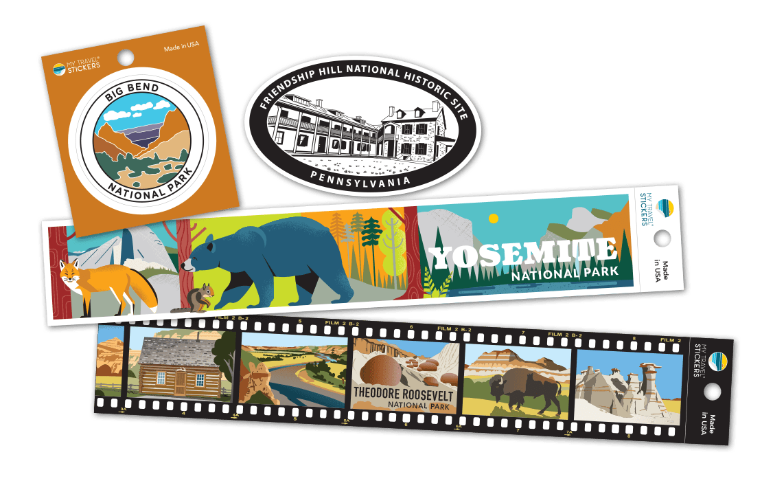 National park badges and filmstrip illustrations.