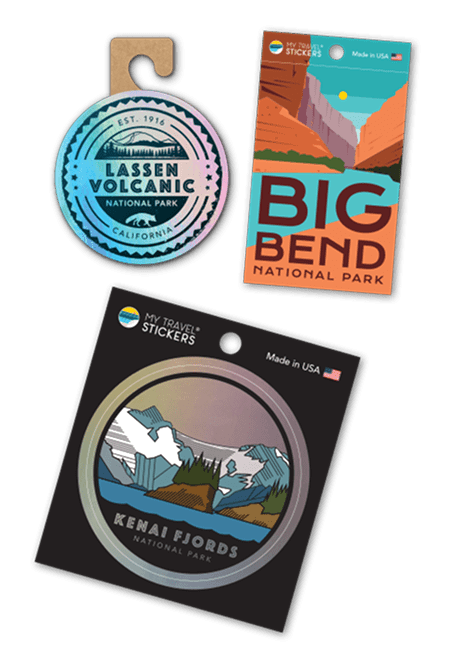 National park stickers on black background.