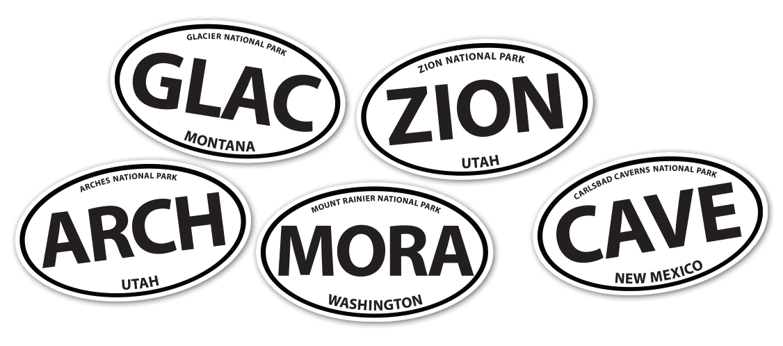 National park stickers for various locations.