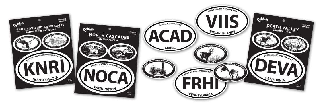 National park stickers on black background.
